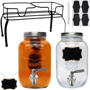1-Gallon Drink Dispenser,Accguan Glass Water Dispenser with Black Tin Lid and Black Stainless steel faucet,Black Iron Frame,Mason Drink Dispenser for Parties, Picnics, Barbecues and Daily,2 pack