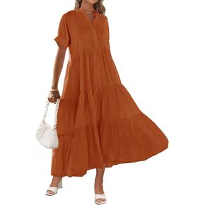 MEROKEETY Women Short Sleeve Summer Dress Button Down V Neck Ruffle Tiered Maxi Dresses