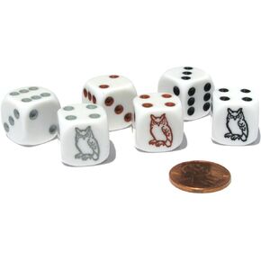 Koplow Games Set of 6 Owl 16mm Dice - 2 Each of White with Black, Brown, and Gray Pips