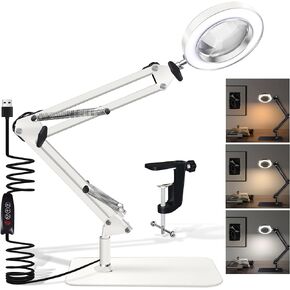 Jusoney 10X Magnifying Glass with Light and Stand, 2-in-1 Desk Lamp with Lighted Magnifying Glass, 3 Color Mode Craft Lamp,Magnifying Glasses with Light for Close Work(Black)