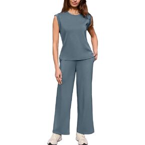 Glamaker Women's 2 Piece Sets Summer Lounge Travel Outfits Sleeveless Wide Leg Airport Casual Trendy Sweatsuits