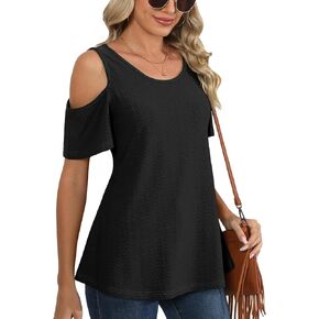 Jouica Women's Summer Cold Shoulder Short Sleeve Tunic Tops Loose Casual Shirts Blouses