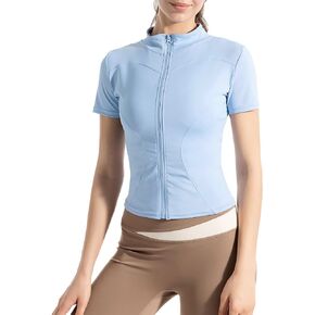 Women's Short Sleeve Slim Fit Athletic Jacket Full Zip Workout Tops Solid Color Fitness Clothing