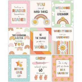 AnyDesign 9Pcs Boho Classroom Posters Rainbow Welcome Sign Bulletin Board Decorations Colorful Positive Quote Wall Art Prints for Kindergarten Elementary Middle High School Education Supplies