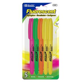 BAZIC Pen Style Fluorescent Highlighter with Pocket Clip, 5 Per Pack