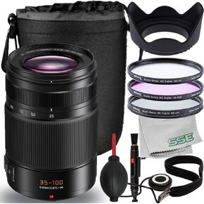 SSE Panasonic Leica DG Vario-Elmarit 35-100mm f/2.8 Power O.I.S. Lens with Accessory Bundle; Includes: Water-Resistant Lens Pouch, 3PC Filter Kit (UV, CPL, FL-D), Tulip Hood Lens & More