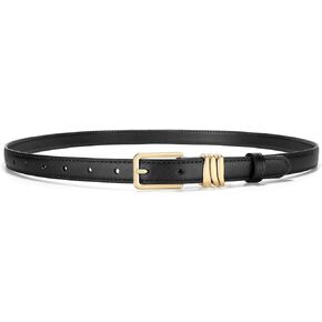XZQTIVE Women Skinny Leather Belt Ladies Black Thin Waist Belt for Dresses Jeans Pants with Gold Buckle and Metal Loops