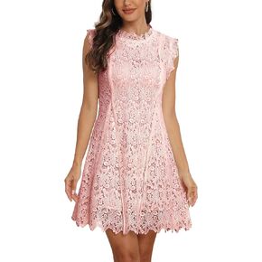 Women's Sleeveless Round Neck Lace Floral Elegant Cocktail Mini A-Line Dress
