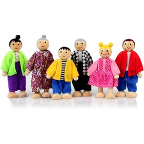 Wooden Dollhouse People, 6 Family Figures Miniature Doll House, Wooden Doll House Family Dress-up Characters Grandpa, Grandma, Mom, Dad, Boy and Girl