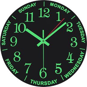 WOOPHEN 12 Inch Luminous Wall Clock Wooden Silent Non-Ticking Battery Powered Wall Clocks with Day Week for Living Room,Bedroom,Kitchen, Office and School (Black)
