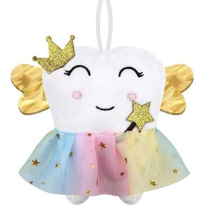 Cute Tooth Fairy Pillow with Wings and Colorful Skirt Tooth Fairy Doll with Pocket on Back Toothfairy Keepsake Gift for Girl and Boys (Golden Wings)