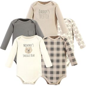 بدلة للجسم من القطن بأكمام طويلة للجنسين من Hudson Baby، عبوة من 5 دب Snuggle Bear، من عمر 3 إلى 6 أشهر