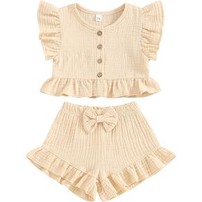 Baby Girl Summer Clothes Ruffle Short Sleeve Top Cotton Linen Shorts Set Toddler Girl Summer Outfits