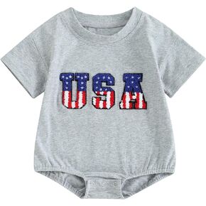 Lesimsam Newborn Baby Boy Girl 4th of July Outfit USA Embroidery Bubble Romper Oversized Short Sleeve Tshirt Romper Bodysuit