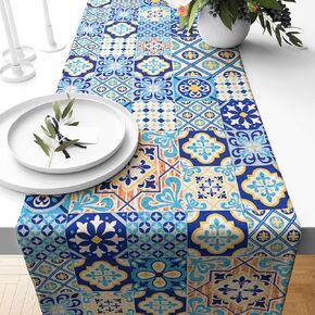 AnyDesign Blue Tile Print Table Runner Vintage Patchwork Kitchen Dining Table Decoration Spanish Style Table Cover for Home Kitchen Party Restaurant Supplies, 13 x 72 Inch