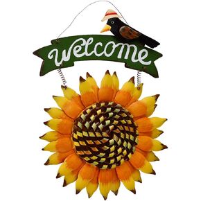 Metal Sunflower Welcome Sign Hanging Signs for Front Door Porch Wall - Rustic Decorative Door Hanger Indoor Outdoor Spring Decoration Wreath Decor (A)