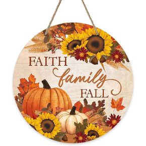 Faith Family Fall Pumpkin Sunflower Front Door Sign, Autumn Harvest Maple Leaf Wood Door Hanger Outdoor Outside Porch Decor, Farmhouse Thanksgiving Wooden Wreath Indoor Wall Hanging Decoration