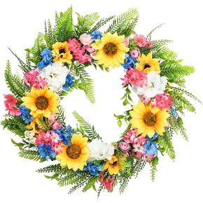 Sunflower Wreath for Front Door, 15" Straw Hat Style Wreaths for Fall Autumn Thanksgiving Decor, All Season Indoor Outdoor Door Wreaths