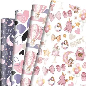 Vnaaem Baby Girl Wrapping Paper 8 Pc Pink Baby Moon Star Pattern for Kids Girls Baby Shower Birthday Holiday 19.6 X27.8Inch