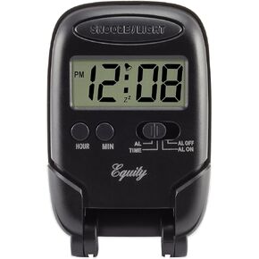 Equity LCD Fold-Up Travel Alarm Clock with Blue Backlight, 3.85"L x 2.50"W x 4.00"H, Black