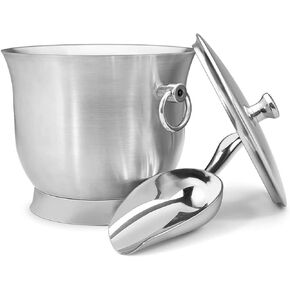 Insulated Ice Bucket - Double Walled Stainless Steel Ice Bucket with Ice Tongs, Scoop, Lid, and Exclusive Handmade Nylon Holder - 3.3 L