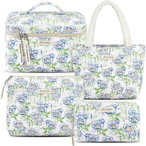 4 Pcs Cosmetic Bags Set Cotton Quilted Makeup Bag Portable Cute Floral Cosmetic Pouch Vintage Travel Coquette Aesthetic Small Tote Bags for Women Girls Suitcase Accessories (Pink Bow)