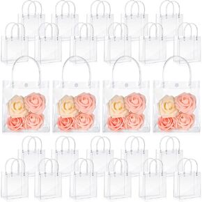 LEIFIDE 25 Pcs Clear PVC Gift Bags with Handles 5.9 x 6.3 x 2.8 Inch Transparent Gift Bags Plastic Reusable Gift Bag Shopping Wedding Clear Goodie Bags Clear Candy Bags Totes for School Birthday
