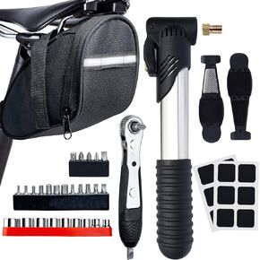 Bike Tool Kit, Bike Repair Kit Mini Ratchet Wrench with 26 Bits, Bike Saddle Bag, Pump, Tire Lever Patches Bicycle Multitool Accessories Screwdriver Set for Adult Bikes Road Mountain Bike MTB