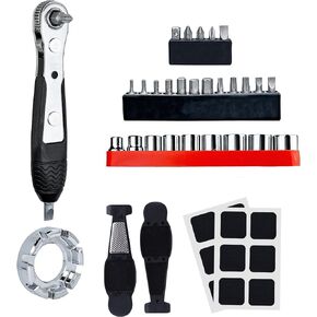 Bike Tool Kit, Bike Repair Kit with Mini Ratchet Wrench with 26 Bits Spoke Wrench Tire Lever Patches Screwdriver Bicycle Multitool Accessories Set for Adult Bikes Road Mountain Bike MTB