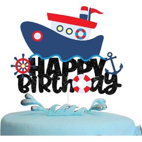 Nautical Cake Topper - Baby Sailor Theme Happy Birthday Decor Black Glitter boy girl Baby Shower Kids Party Decoration