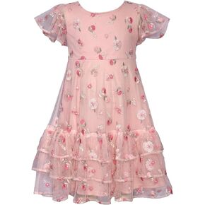 Bonnie Jean Girls 2T-16 Pink Embroidered Mesh Ruffle Hem Dress