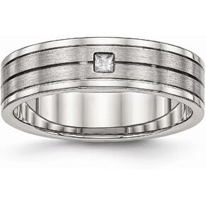 Solid Stainless Steel Men's Matte Brushed Finish and Grooved CZ Cubic Zirconia Wedding Band Ring