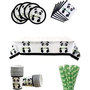 Panda Party Supplies, 66 Pcs Panda Disposable Tableware Set with Panda Plates Cups Napkins Straws Tablecloth for Kids Baby Shower Birthday Decorations
