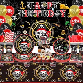 KEFAN Pirate Birthday Party Decorations, Pirate Theme Party Tableware Supplies including HAPPY BIRTHDAY Backdrop, Plates, Cups, Napkins, Tablecloth, Balloons for Boys Birthday Party (BJ-B)