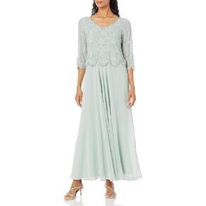 J Kara Women's V-Neck 3/4 Sleeve Scalloped Beaded Mock Dress