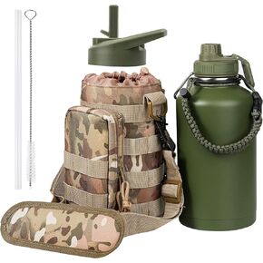 Kalawen 64 oz Insulated Water Bottle with Straw, Half Gallon Stainless Steel Water Bottle with Sleeve, Metal Military Water Bottle with Tactical Carrier Bag for Hiking Camping