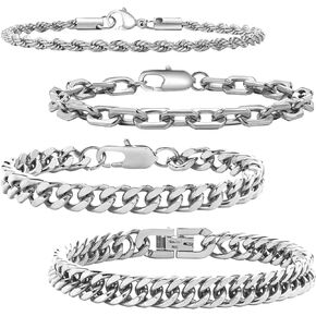 Cuban Link Bracelet for Men 4 PCS Sturdy Cuban Link Chain Stainless Steel Bracelet Curb Width Dainty Mens bracelet Set Jewelry Gifts 7.5"", Silver