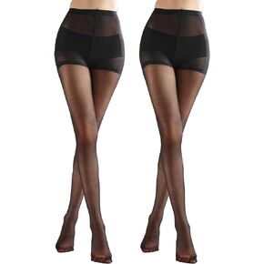 Weziarer 2 Pairs Women's Sheer Tights with Run-Resist,20D Ladies High Waist Support Control Top Pantyhose-Reinforced Toes