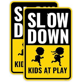 2PC Slow Down Kids At Play Sign, 18 x 12 Inches - Aluminum - Children Playing Safety Sign For Street
