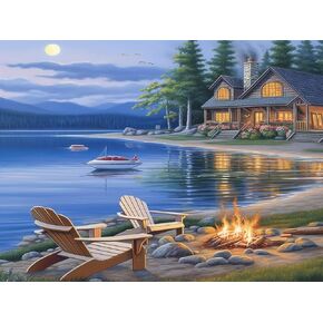 SKRYUIE 5D Lakeside Chair Diamond Painting Kits - DIY Diamond Art Kits for Adults Landscape, Full Round Drill - Crystal Cross Stitch - Adults Craft for Wall & Office Decor - 12x16inch