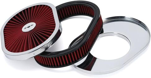 PTNHZ 12"x2" Oval Air Cleaner Filter Assembly 5-1/8" Carb Neck w/Flow-Thru Lid High Flow Chrome Compatible For GMC Chevy Ford Chryler Dodge Black in Kuwait