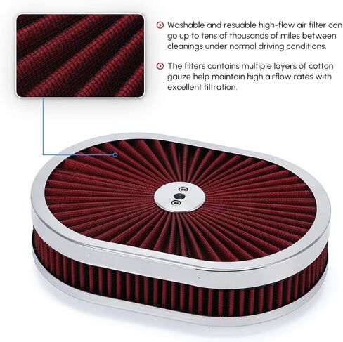 PTNHZ 12"x2" Oval Air Cleaner Filter Assembly 5-1/8" Carb Neck w/Flow-Thru Lid High Flow Chrome Compatible For GMC Chevy Ford Chryler Dodge Black in Kuwait