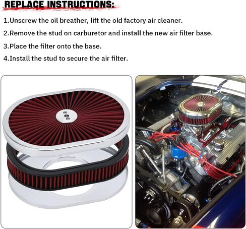 PTNHZ 12"x2" Oval Air Cleaner Filter Assembly 5-1/8" Carb Neck w/Flow-Thru Lid High Flow Chrome Compatible For GMC Chevy Ford Chryler Dodge Black in Kuwait