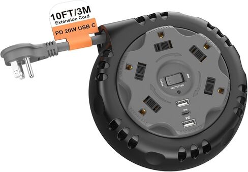 بكرة سلك تمديد قطاع الطاقة قابلة للسحب مع USB C PD 20 وات، قابس مسطح لحماية اندفاع قطاع الطاقة مع 5 منافذ و3 منافذ USB، سلك تمديد قابل للسحب 10 أقدام لورشة العمل المنزلية الخارجية in Kuwait