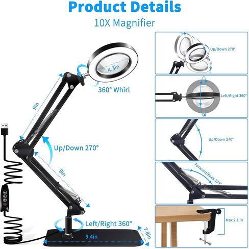 Jusoney 10X Magnifying Glass with Light and Stand, 2-in-1 Desk Lamp with Lighted Magnifying Glass, 3 Color Mode Craft Lamp,Magnifying Glasses with Light for Close Work(Black) in Saudi Arabia