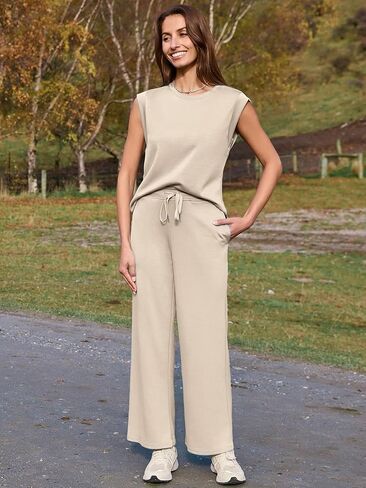 Glamaker Women's 2 Piece Sets Summer Lounge Travel Outfits Sleeveless Wide Leg Airport Casual Trendy Sweatsuits in Kuwait