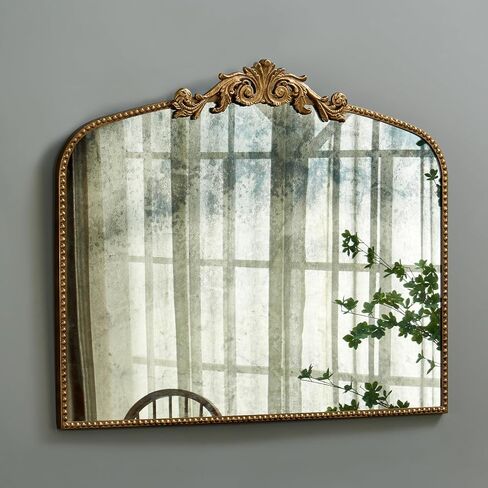 Arched Vertical Antique Mirror with Elegant Vintage Design Gold Metal Frame - 40"x32" Large Arch Mirror Perfect for Home Decor Bathroom Living Room - Handcrafted with Distressed Finish in Saudi Arabia