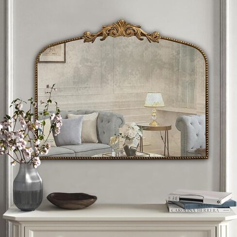 Arched Vertical Antique Mirror with Elegant Vintage Design Gold Metal Frame - 40"x32" Large Arch Mirror Perfect for Home Decor Bathroom Living Room - Handcrafted with Distressed Finish in Saudi Arabia