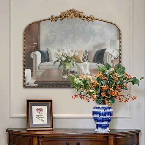 Arched Vertical Antique Mirror with Elegant Vintage Design Gold Metal Frame - 40"x32" Large Arch Mirror Perfect for Home Decor Bathroom Living Room - Handcrafted with Distressed Finish in Saudi Arabia