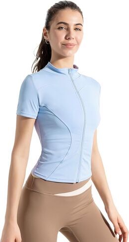Women's Short Sleeve Slim Fit Athletic Jacket Full Zip Workout Tops Solid Color Fitness Clothing in Saudi Arabia